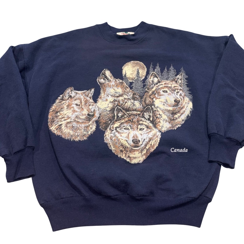 Vintage 90s Wolf Graphic Crewneck Sweatshirt Mens L Navy Blue Quality Goods